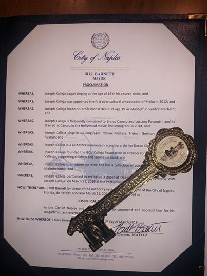 So this happened yesterday in Naples Florida. I was given the “key” to the city and the 21st of March was officially declared as “Joseph Calleja” day!